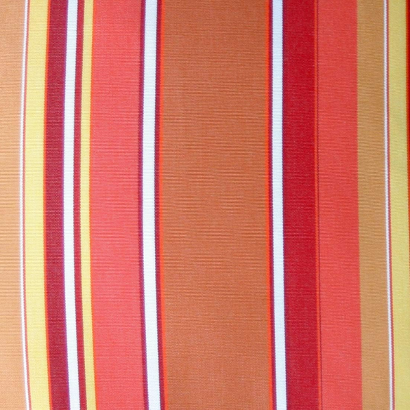 Striped accent pillow in vibrant orange, red, yellow, and white – reversible, weather-resistant, and overstuffed with polyester fill for indoor or outdoor use.