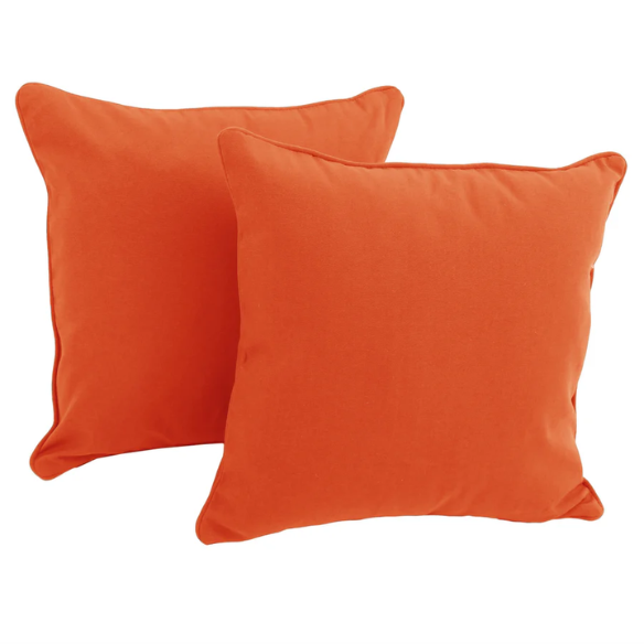 Set of 2 orange square throw pillows with corded edges and hidden zipper closure, made of soft cotton-blend twill fabric, perfect for modern and transitional home décor.