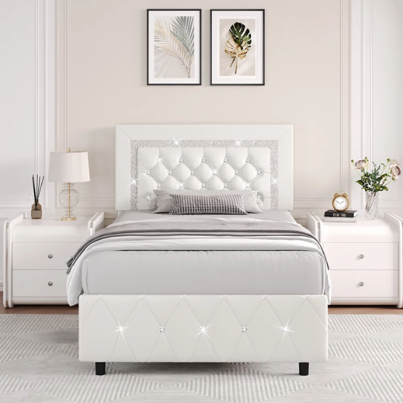 Elegant pearlized white twin bed frame with crystal-tufted headboard, faux leather upholstery, and no box spring required.