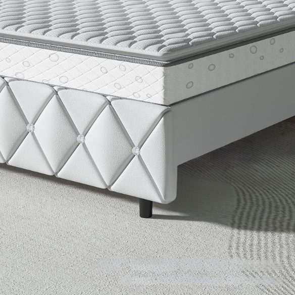 Elegant pearlized white twin bed frame with crystal-tufted headboard, faux leather upholstery, and no box spring required.