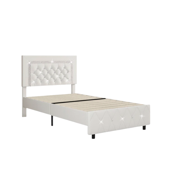 Elegant pearlized white twin bed frame with crystal-tufted headboard, faux leather upholstery, and no box spring required.