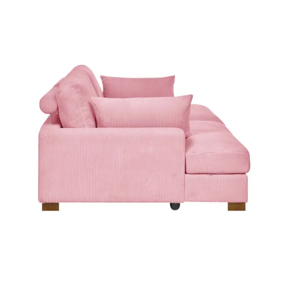 Pink corduroy convertible sleeper sofa with adjustable headrest, twin bed functionality, and mid-century wood legs