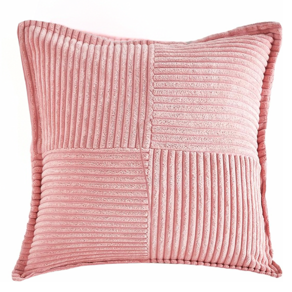 Pink corduroy pillow cover with modern geometric striped pattern, eco-friendly, machine washable, suitable for sofas, bedrooms, offices, and outdoor patios.