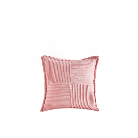 Pink corduroy pillow cover with modern geometric striped pattern, eco-friendly, machine washable, suitable for sofas, bedrooms, offices, and outdoor patios.