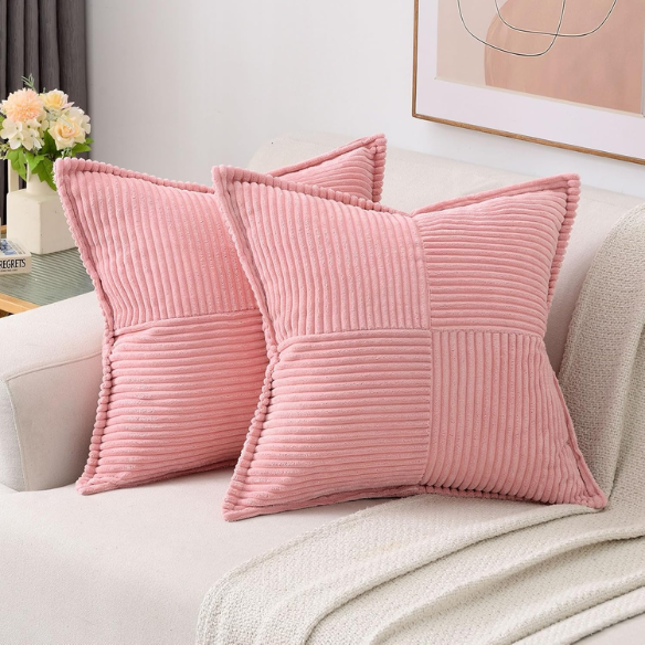 Pink corduroy pillow cover with modern geometric striped pattern, eco-friendly, machine washable, suitable for sofas, bedrooms, offices, and outdoor patios.