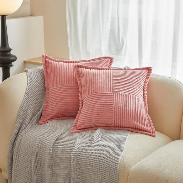 Pink corduroy pillow cover with modern geometric striped pattern, eco-friendly, machine washable, suitable for sofas, bedrooms, offices, and outdoor patios.