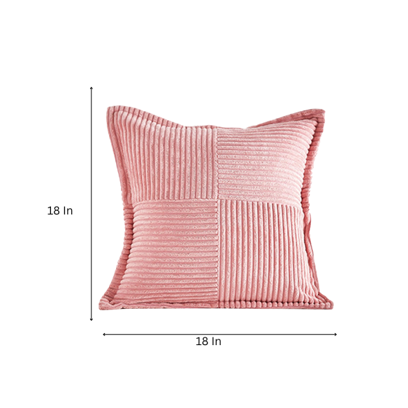 Pink corduroy pillow cover with modern geometric striped pattern, eco-friendly, machine washable, suitable for sofas, bedrooms, offices, and outdoor patios.