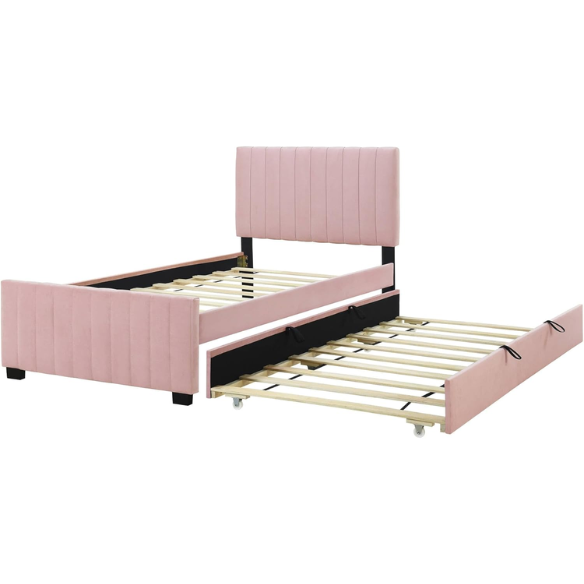 Pink twin upholstered platform bed with tufted velvet headboard and pull-out trundle, designed for kids, teens, or guest rooms, featuring a soft pink finish and space-saving design.