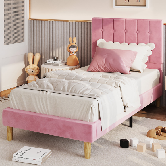 Pink twin bed frame with tufted velvet headboard, metal and wood base, and 7.9-inch under-bed storage clearance.