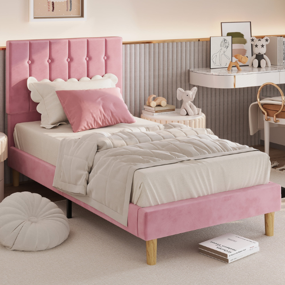 Pink twin bed frame with tufted velvet headboard, metal and wood base, and 7.9-inch under-bed storage clearance.