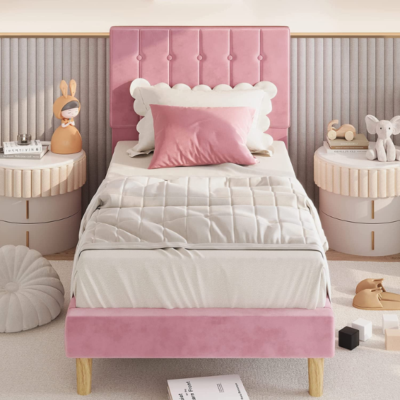 Pink twin bed frame with tufted velvet headboard, metal and wood base, and 7.9-inch under-bed storage clearance.