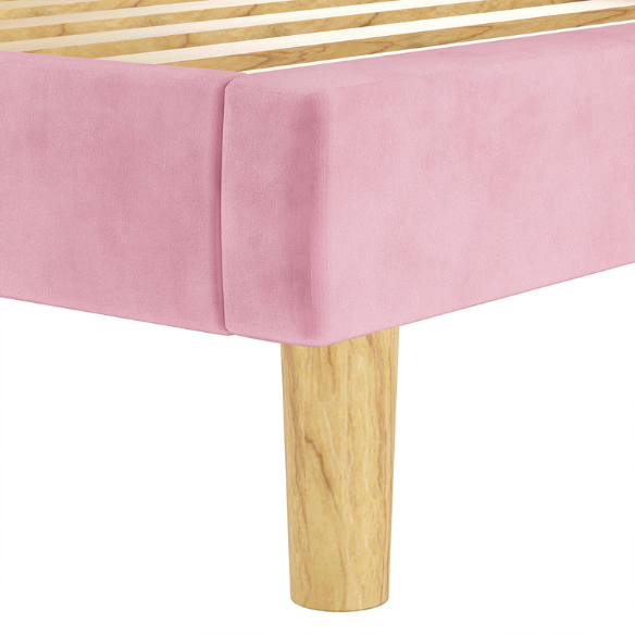 Pink twin bed frame with tufted velvet headboard, metal and wood base, and 7.9-inch under-bed storage clearance.