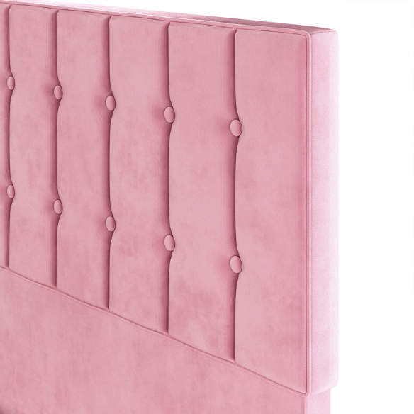 Pink twin bed frame with tufted velvet headboard, metal and wood base, and 7.9-inch under-bed storage clearance.