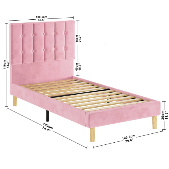 Pink twin bed frame with tufted velvet headboard, metal and wood base, and 7.9-inch under-bed storage clearance.