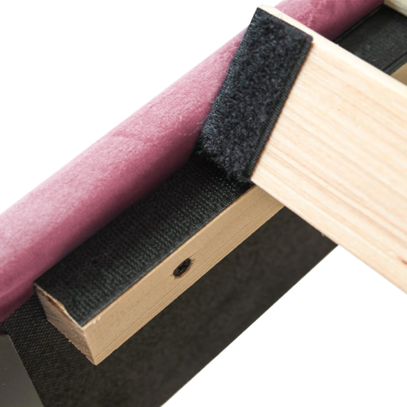 Pink twin bed frame with tufted velvet headboard, metal and wood base, and 7.9-inch under-bed storage clearance.