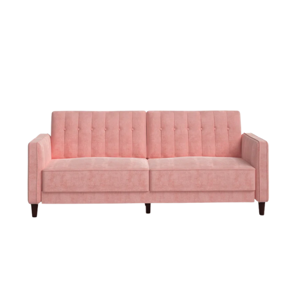 Pink velvet convertible sofa with tufted split-back design, square arms, and tapered brown wood legs, easily converting into a twin-size sleeper.