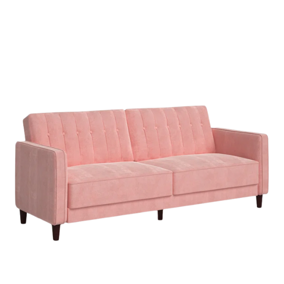 Pink velvet convertible sofa with tufted split-back design, square arms, and tapered brown wood legs, easily converting into a twin-size sleeper.