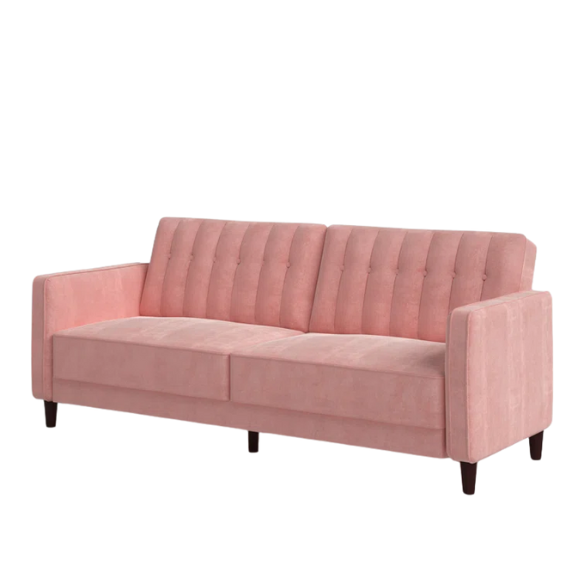 Pink velvet convertible sofa with tufted split-back design, square arms, and tapered brown wood legs, easily converting into a twin-size sleeper.