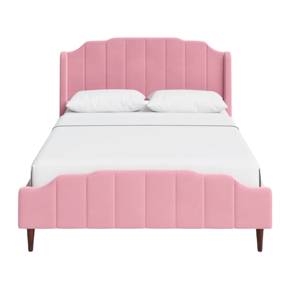 Pink velvet queen platform bed with vertical channel tufted headboard, solid wood frame, and tapered legs – no box spring required