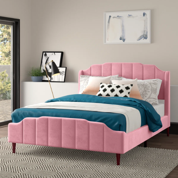 Pink velvet queen platform bed with vertical channel tufted headboard, solid wood frame, and tapered legs – no box spring required