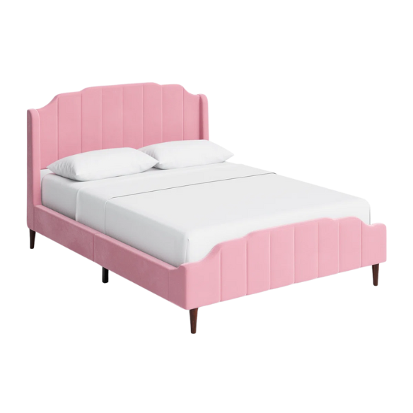 Pink velvet queen platform bed with vertical channel tufted headboard, solid wood frame, and tapered legs – no box spring required