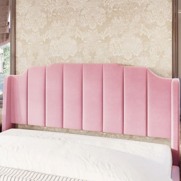 Pink velvet queen platform bed with vertical channel tufted headboard, solid wood frame, and tapered legs – no box spring required