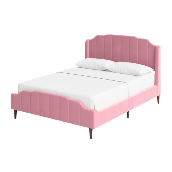 Pink velvet queen platform bed with vertical channel tufted headboard, solid wood frame, and tapered legs – no box spring required