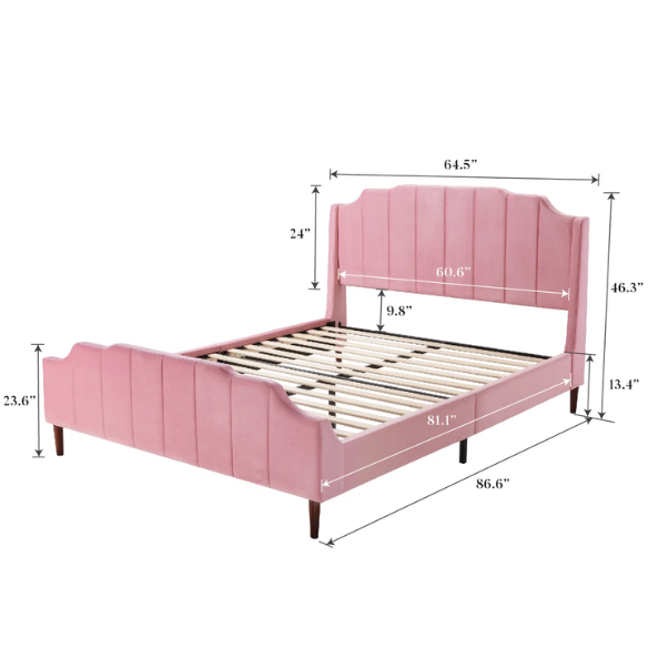 Pink velvet queen platform bed with vertical channel tufted headboard, solid wood frame, and tapered legs – no box spring required