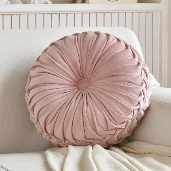 Pink Velvet Round Throw Pillow with Ribbed Edges and Button Detail – Decorative Cushion for Home, Sofa, and Bedroom