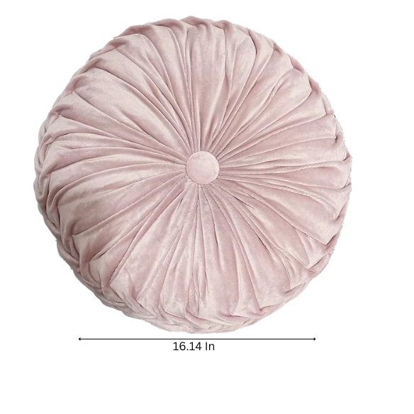 Pink Velvet Round Throw Pillow with Ribbed Edges and Button Detail – Decorative Cushion for Home, Sofa, and Bedroom