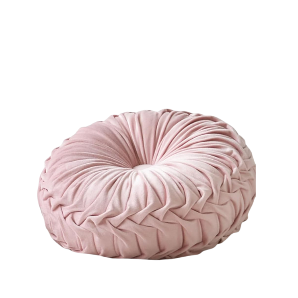 Pink Velvet Round Throw Pillow with Ribbed Edges and Button Detail – Decorative Cushion for Home, Sofa, and Bedroom