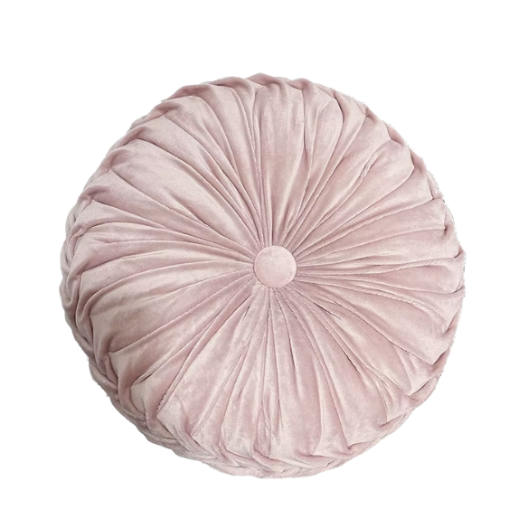Pink Velvet Round Throw Pillow with Ribbed Edges and Button Detail – Decorative Cushion for Home, Sofa, and Bedroom