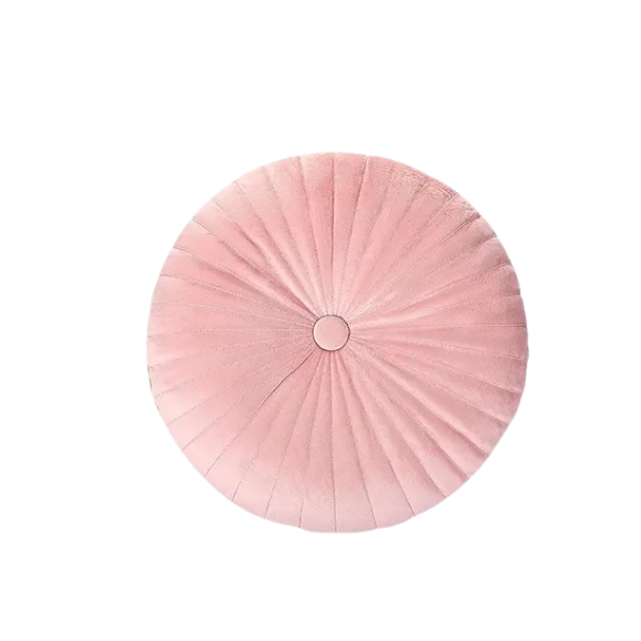 Elegant pink velvet round throw pillow with button closure and pleated design, soft cotton fill for comfort, perfect for sofa, back support, and home décor.