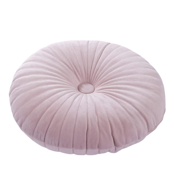 Elegant pink velvet round throw pillow with button closure and pleated design, soft cotton fill for comfort, perfect for sofa, back support, and home décor.