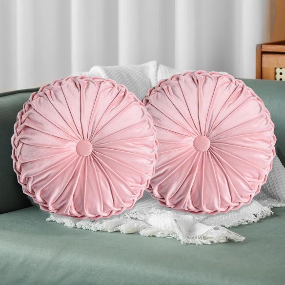 Set of 2 pink pleated velvet round throw pillows with button tufted center – 14.5 inch pumpkin-style decorative cushions for sofa, bed, or reading nook