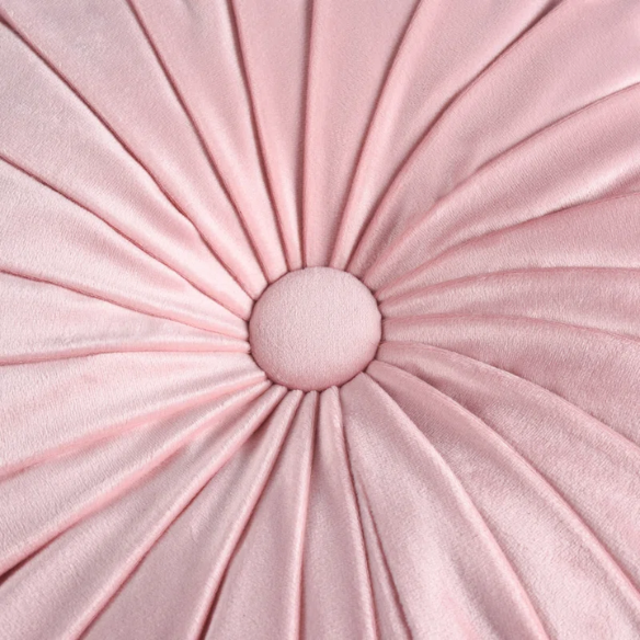 Set of 2 pink pleated velvet round throw pillows with button tufted center – 14.5 inch pumpkin-style decorative cushions for sofa, bed, or reading nook