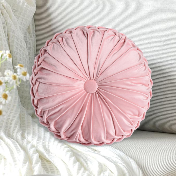 Set of 2 pink pleated velvet round throw pillows with button tufted center – 14.5 inch pumpkin-style decorative cushions for sofa, bed, or reading nook