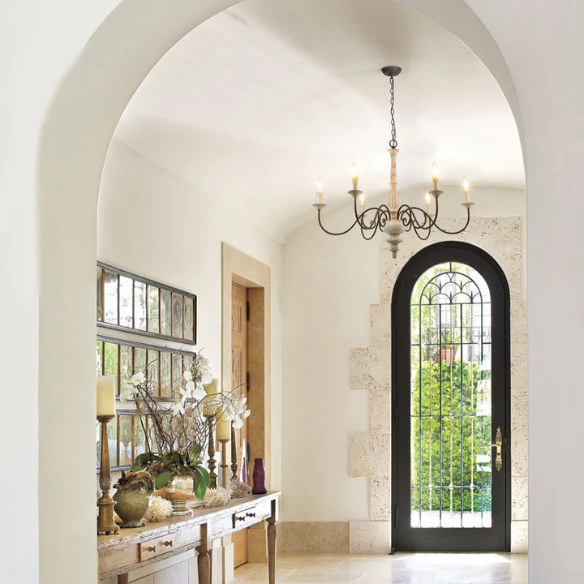 37-inch cream farmhouse chandelier with distressed wood and iron, featuring six candle-style lights in a French country design