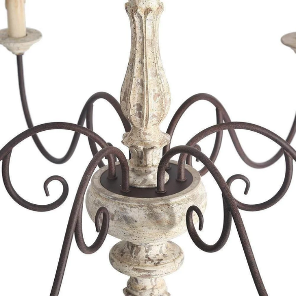 37-inch cream farmhouse chandelier with distressed wood and iron, featuring six candle-style lights in a French country design