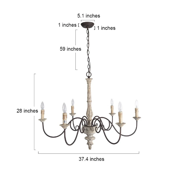 37-inch cream farmhouse chandelier with distressed wood and iron, featuring six candle-style lights in a French country design