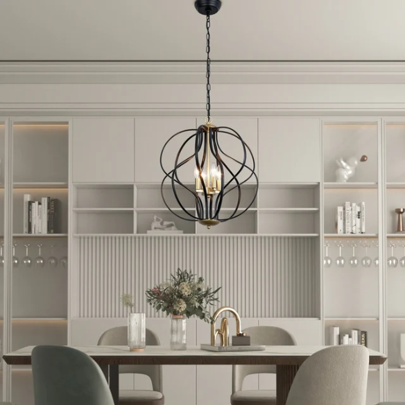 4-light geometric chandelier with matte black wrought iron frame and gold candelabra, vintage-inspired ceiling light for dining room or kitchen island