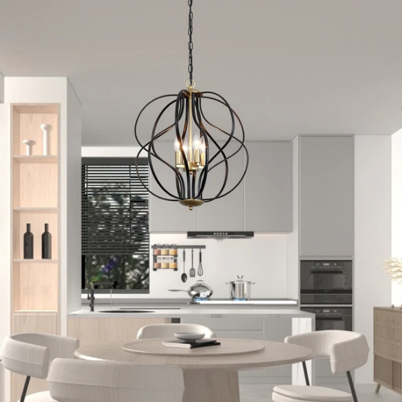 4-light geometric chandelier with matte black wrought iron frame and gold candelabra, vintage-inspired ceiling light for dining room or kitchen island