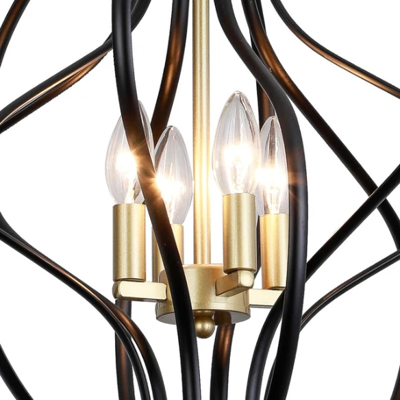 4-light geometric chandelier with matte black wrought iron frame and gold candelabra, vintage-inspired ceiling light for dining room or kitchen island