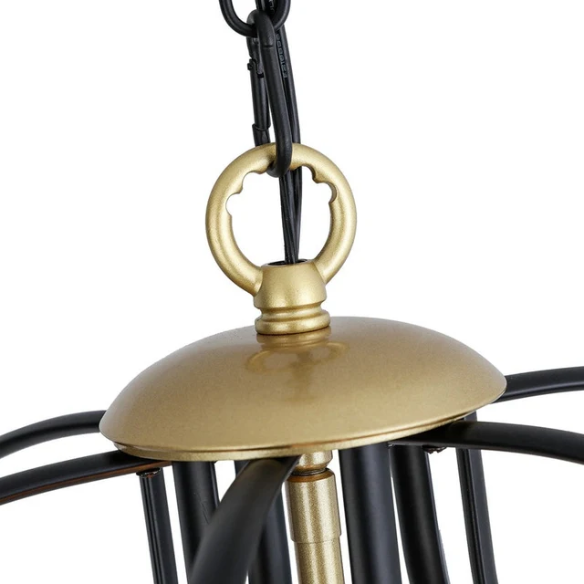 4-light geometric chandelier with matte black wrought iron frame and gold candelabra, vintage-inspired ceiling light for dining room or kitchen island