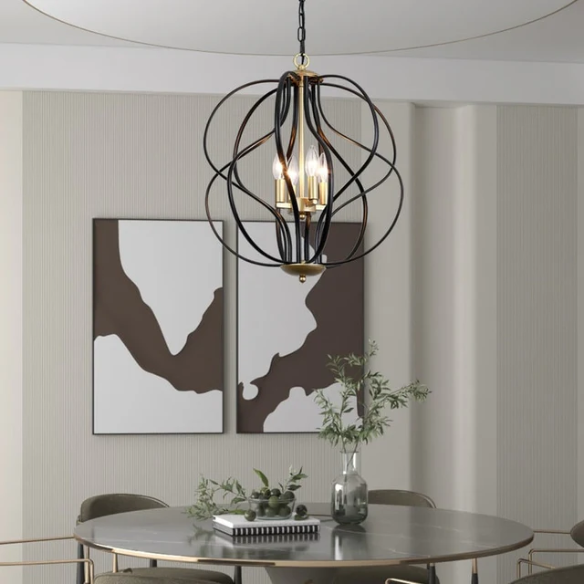 4-light geometric chandelier with matte black wrought iron frame and gold candelabra, vintage-inspired ceiling light for dining room or kitchen island
