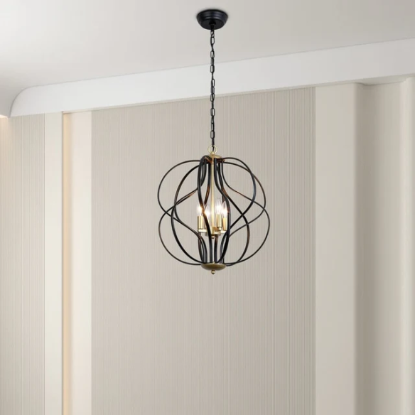 4-light geometric chandelier with matte black wrought iron frame and gold candelabra, vintage-inspired ceiling light for dining room or kitchen island