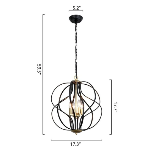 4-light geometric chandelier with matte black wrought iron frame and gold candelabra, vintage-inspired ceiling light for dining room or kitchen island