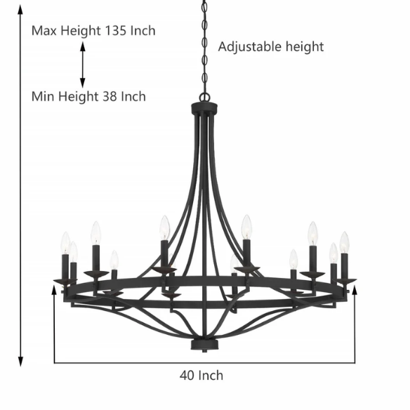40-inch aged zinc wagon wheel chandelier with 12 candle-style lights and adjustable chain, ideal for high ceilings and rustic or traditional interiors
