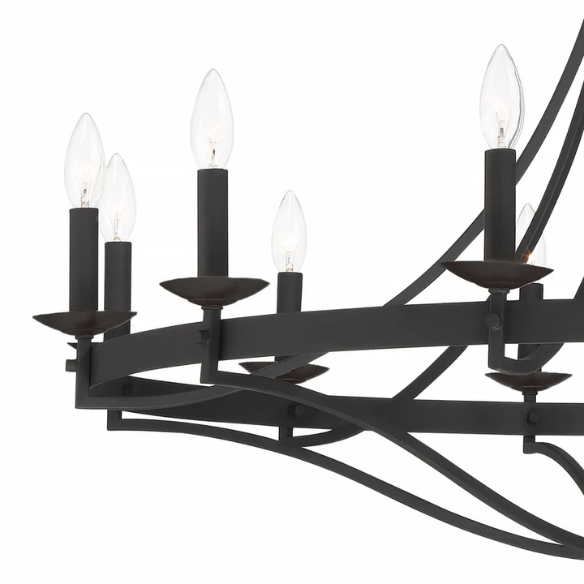 40-inch aged zinc wagon wheel chandelier with 12 candle-style lights and adjustable chain, ideal for high ceilings and rustic or traditional interiors