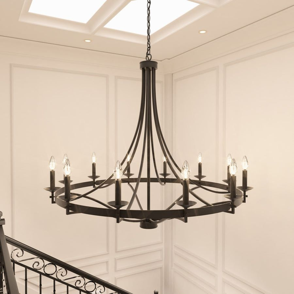 40-inch aged zinc wagon wheel chandelier with 12 candle-style lights and adjustable chain, ideal for high ceilings and rustic or traditional interiors